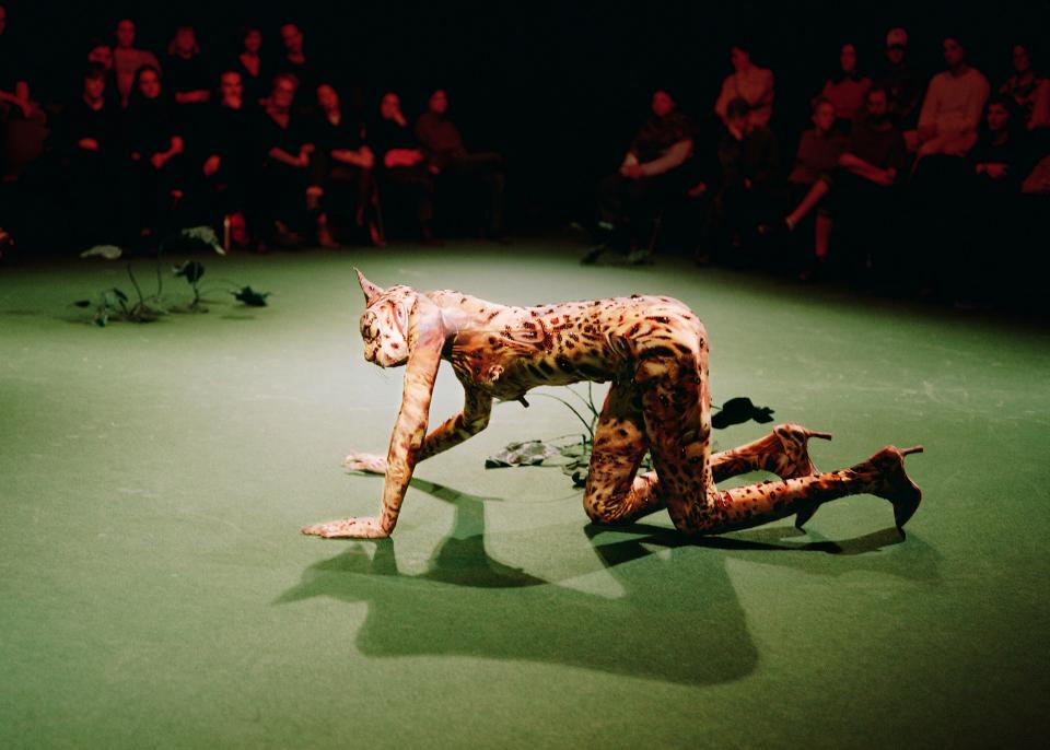 Person in leopard skin crawling 